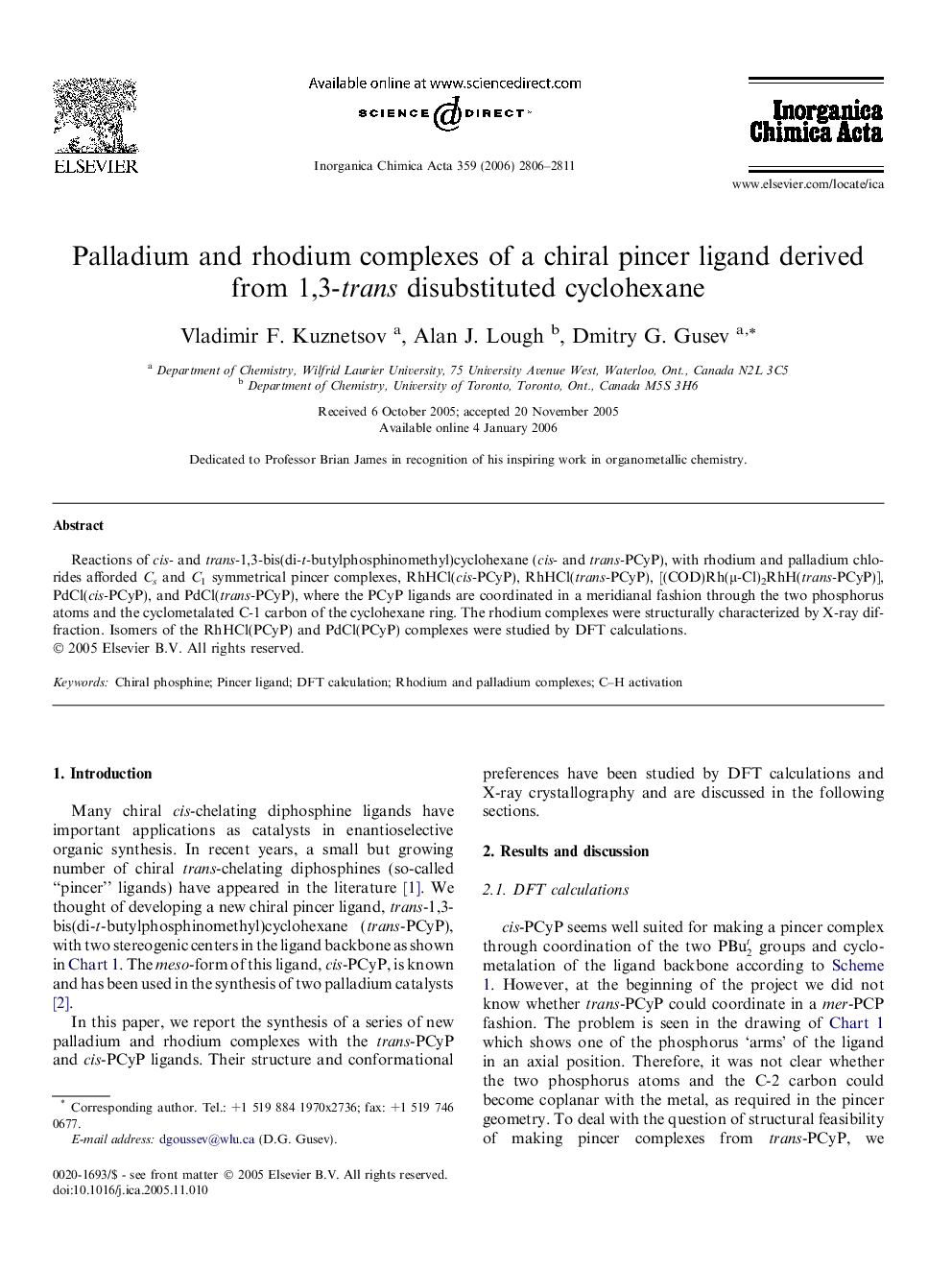 Palladium and rhodium complexes of a chiral pincer ligand derived from 1,3-trans disubstituted cyclohexane