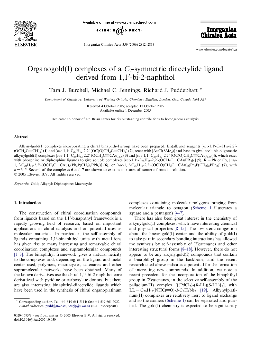 Organogold(I) complexes of a C2-symmetric diacetylide ligand derived from 1,1′-bi-2-naphthol