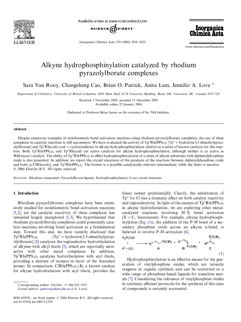 Alkyne hydrophosphinylation catalyzed by rhodium pyrazolylborate complexes