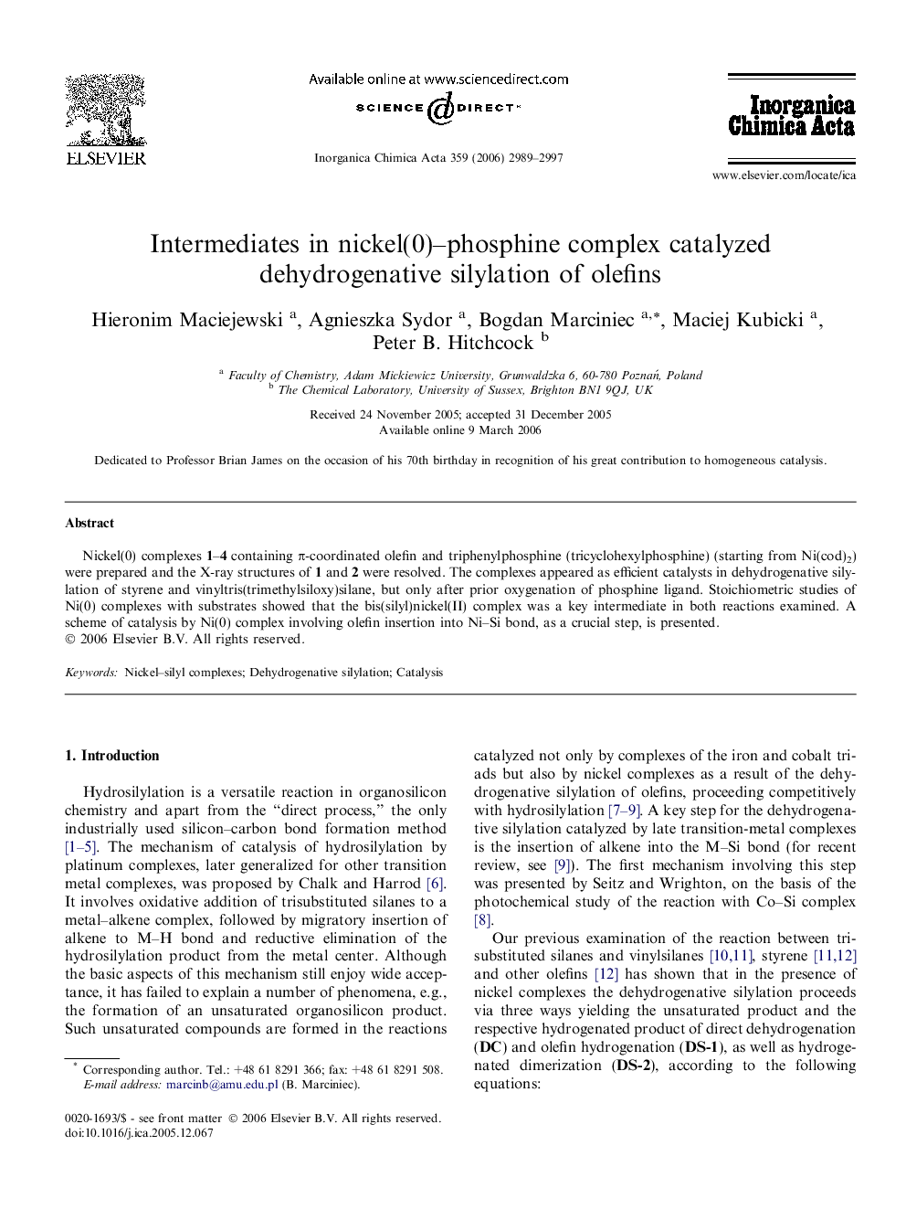 Intermediates in nickel(0)–phosphine complex catalyzed dehydrogenative silylation of olefins