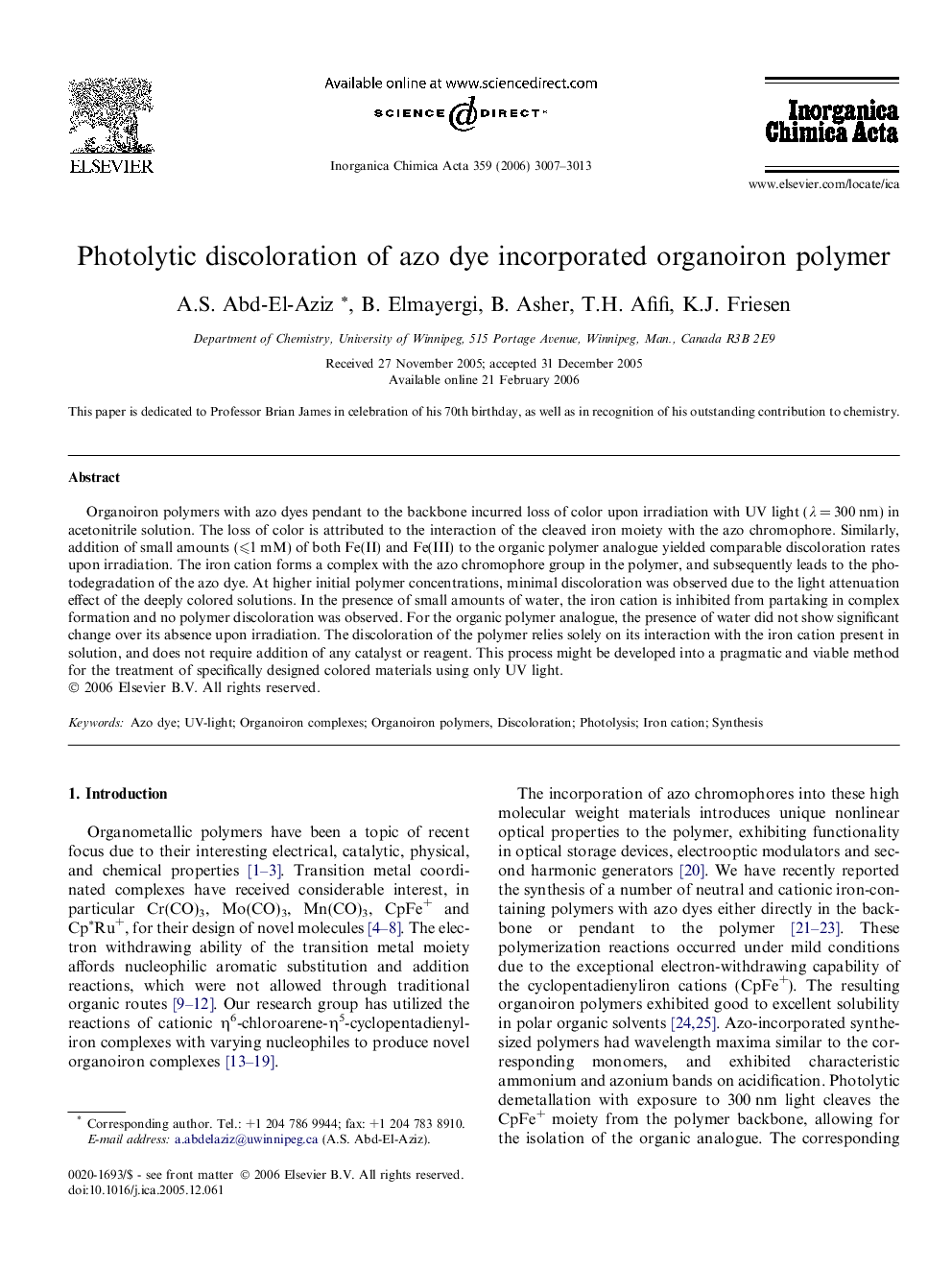 Photolytic discoloration of azo dye incorporated organoiron polymer