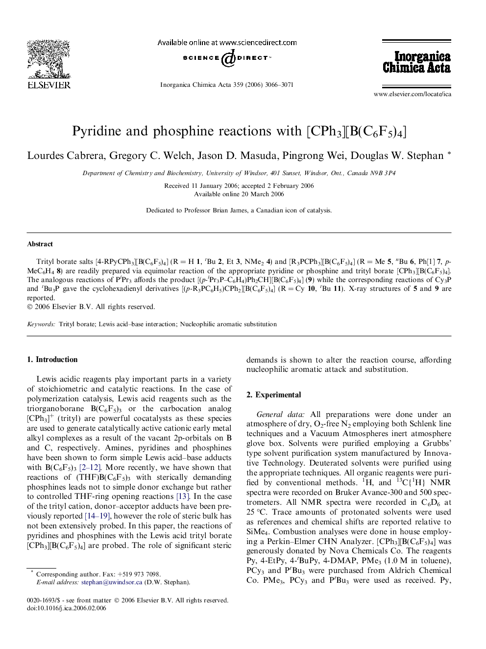 Pyridine and phosphine reactions with [CPh3][B(C6F5)4]