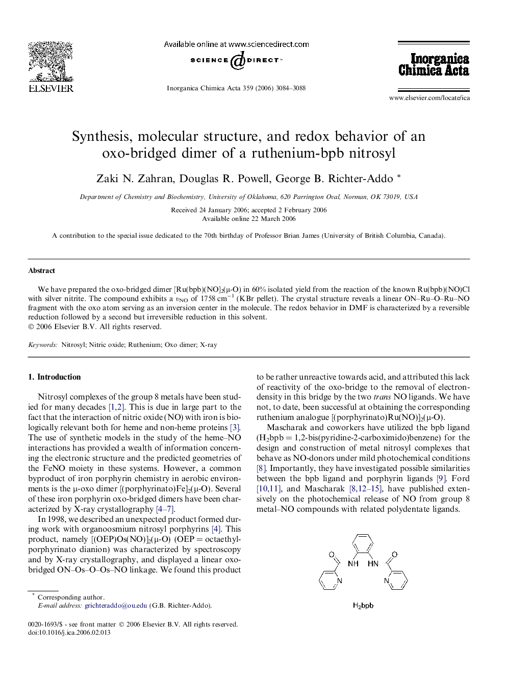 Synthesis, molecular structure, and redox behavior of an oxo-bridged dimer of a ruthenium-bpb nitrosyl