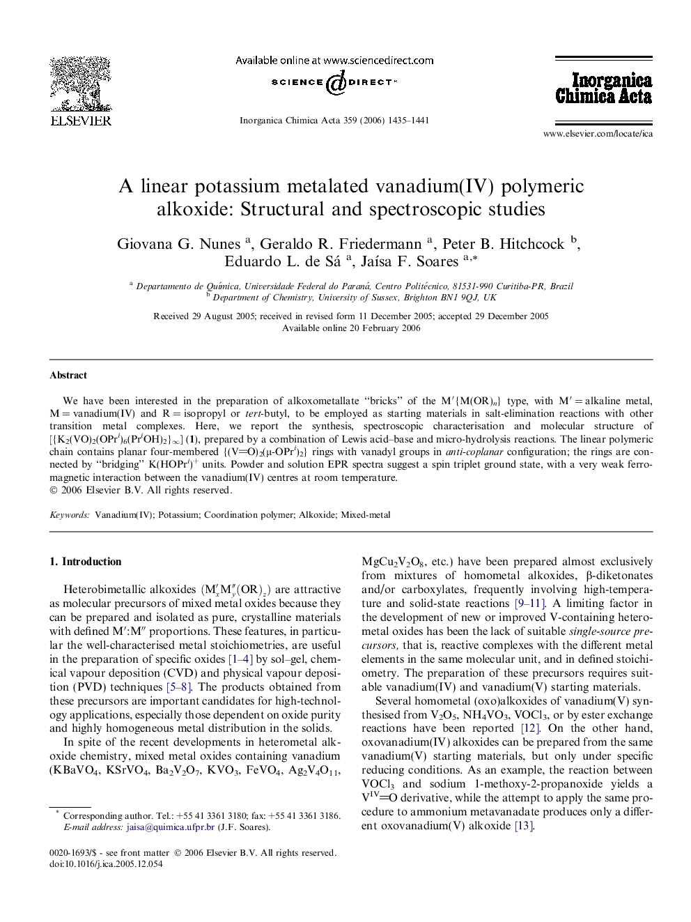 A linear potassium metalated vanadium(IV) polymeric alkoxide: Structural and spectroscopic studies