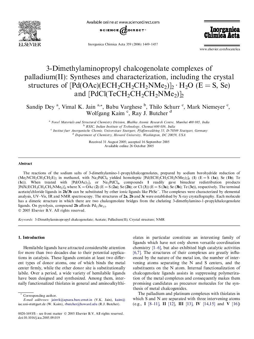 3-Dimethylaminopropyl chalcogenolate complexes of palladium(II): Syntheses and characterization, including the crystal structures of [Pd(OAc)(ECH2CH2CH2NMe2)]2 · H2O (E = S, Se) and [PdCl(TeCH2CH2CH2NMe2)]2