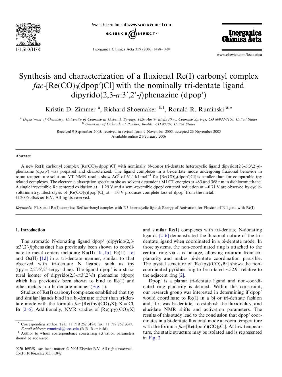 Synthesis and characterization of a fluxional Re(I) carbonyl complex fac-[Re(CO)3(dpop′)Cl] with the nominally tri-dentate ligand dipyrido(2,3-a:3′,2′-j)phenazine (dpop′)