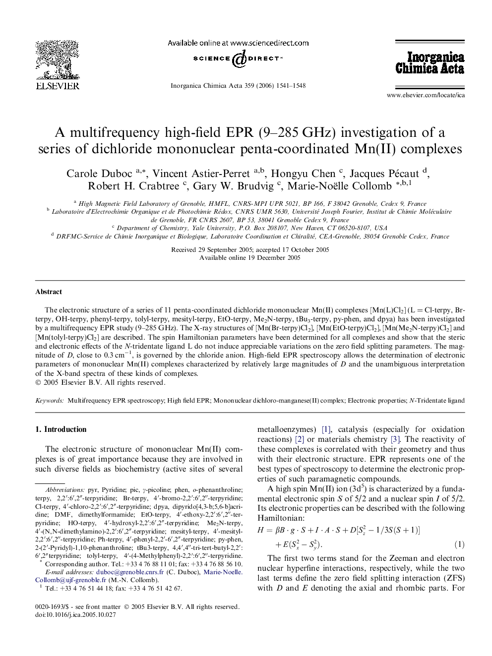 A multifrequency high-field EPR (9–285 GHz) investigation of a series of dichloride mononuclear penta-coordinated Mn(II) complexes