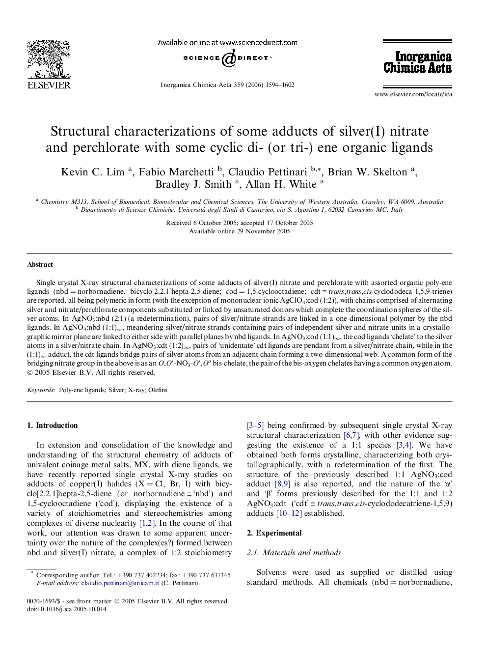 Structural characterizations of some adducts of silver(I) nitrate and perchlorate with some cyclic di- (or tri-) ene organic ligands