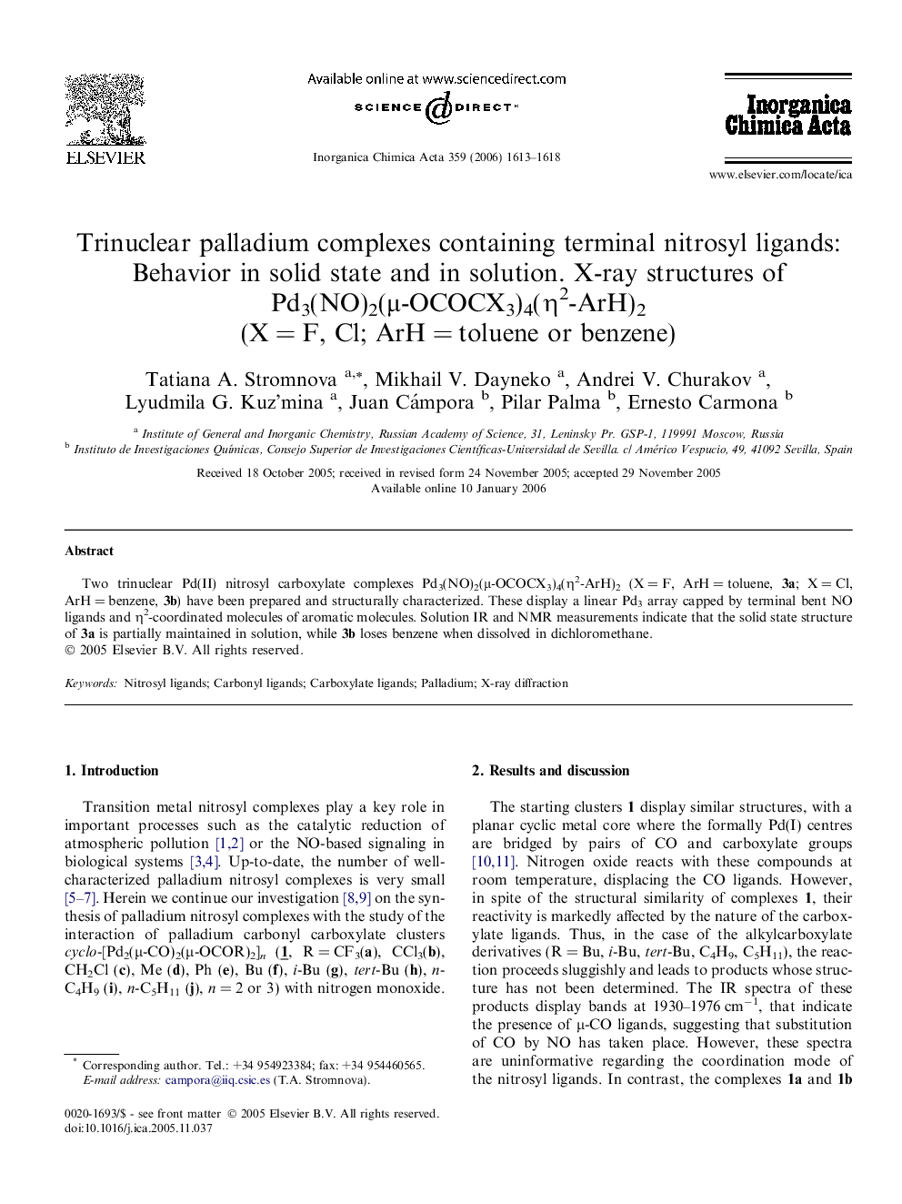 Trinuclear palladium complexes containing terminal nitrosyl ligands: Behavior in solid state and in solution. X-ray structures of Pd3(NO)2(μ-OCOCX3)4(η2-ArH)2 (X = F, Cl; ArH = toluene or benzene)