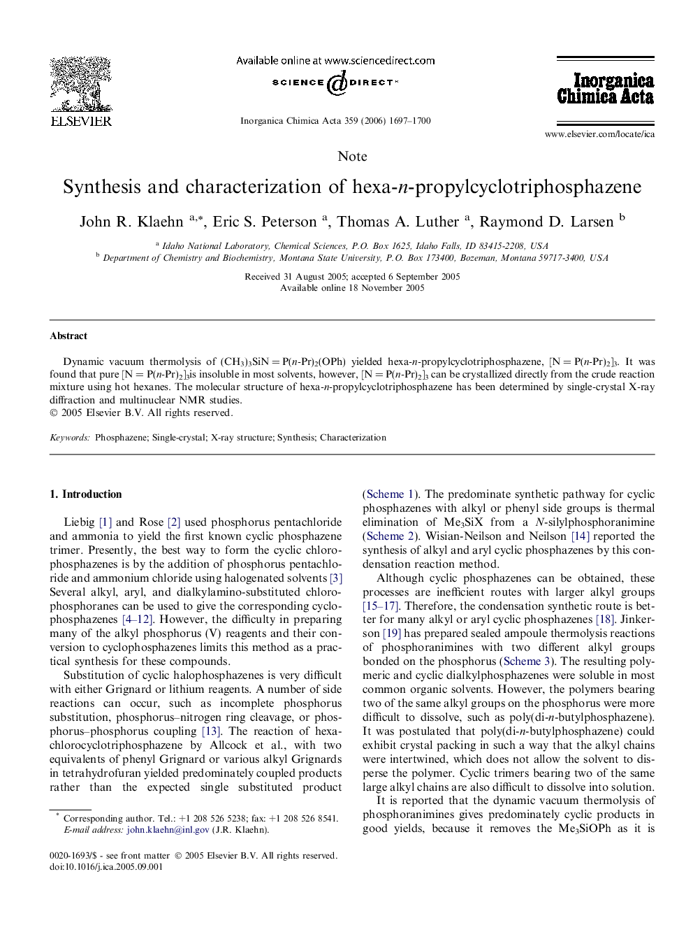 Synthesis and characterization of hexa-n-propylcyclotriphosphazene