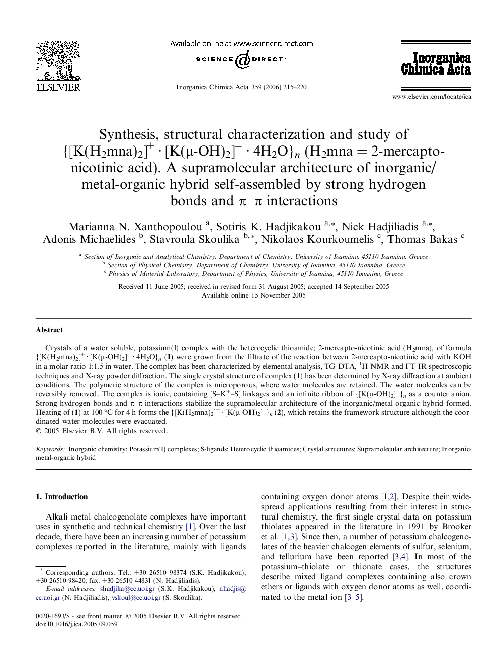 Synthesis, structural characterization and study of {[K(H2mna)2]+ · [K(μ-OH)2]− · 4H2O}n (H2mna = 2-mercapto-nicotinic acid). A supramolecular architecture of inorganic/metal-organic hybrid self-assembled by strong hydrogen bonds and π–π interactions