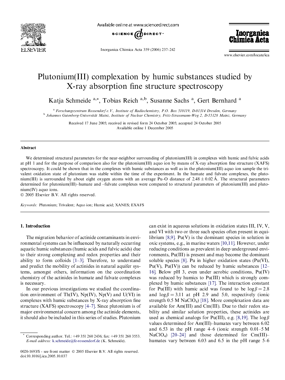 Plutonium(III) complexation by humic substances studied by X-ray absorption fine structure spectroscopy