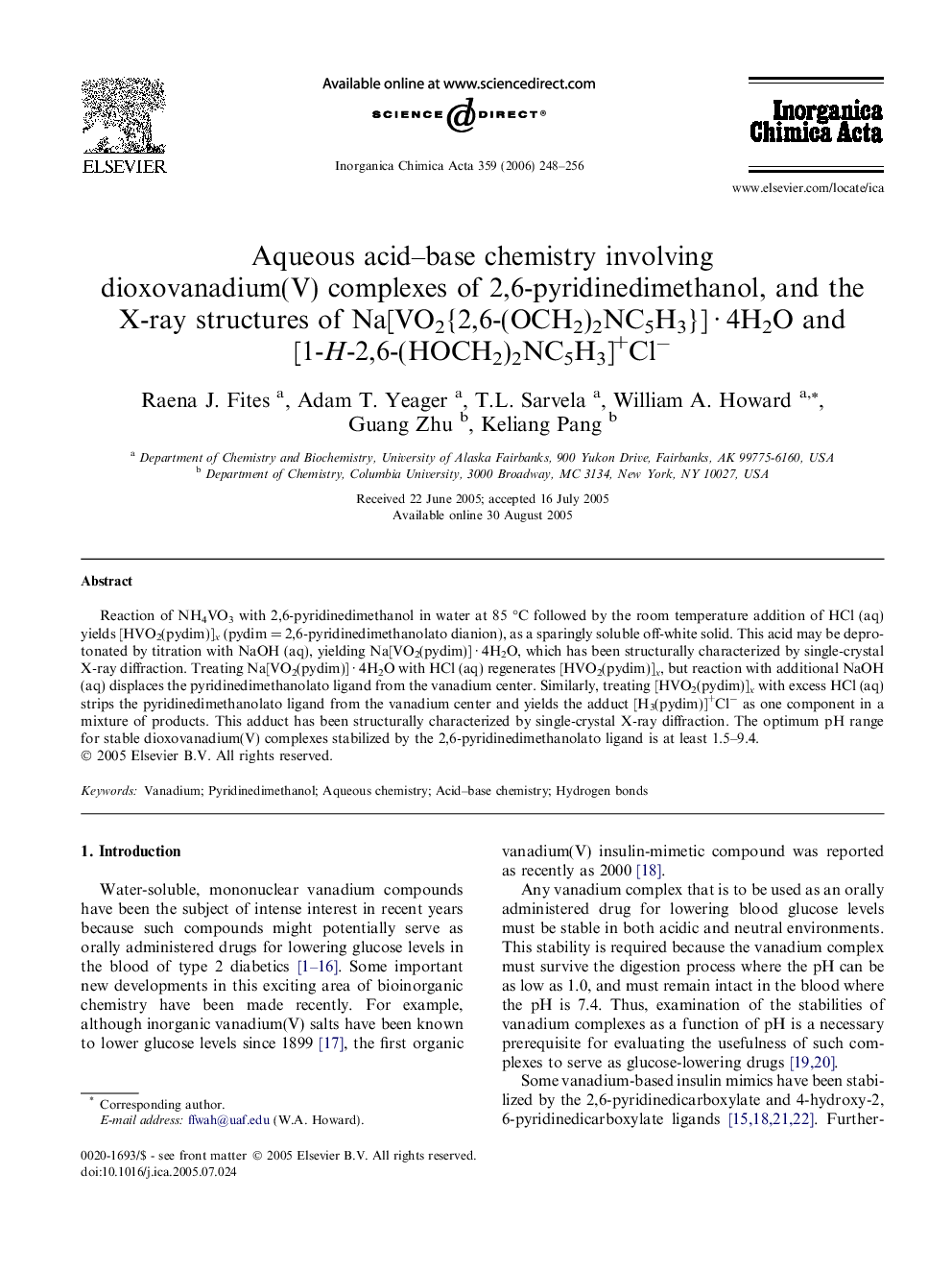 Aqueous acid–base chemistry involving dioxovanadium(V) complexes of 2,6-pyridinedimethanol, and the X-ray structures of Na[VO2{2,6-(OCH2)2NC5H3}] · 4H2O and [1-H-2,6-(HOCH2)2NC5H3]+Cl−