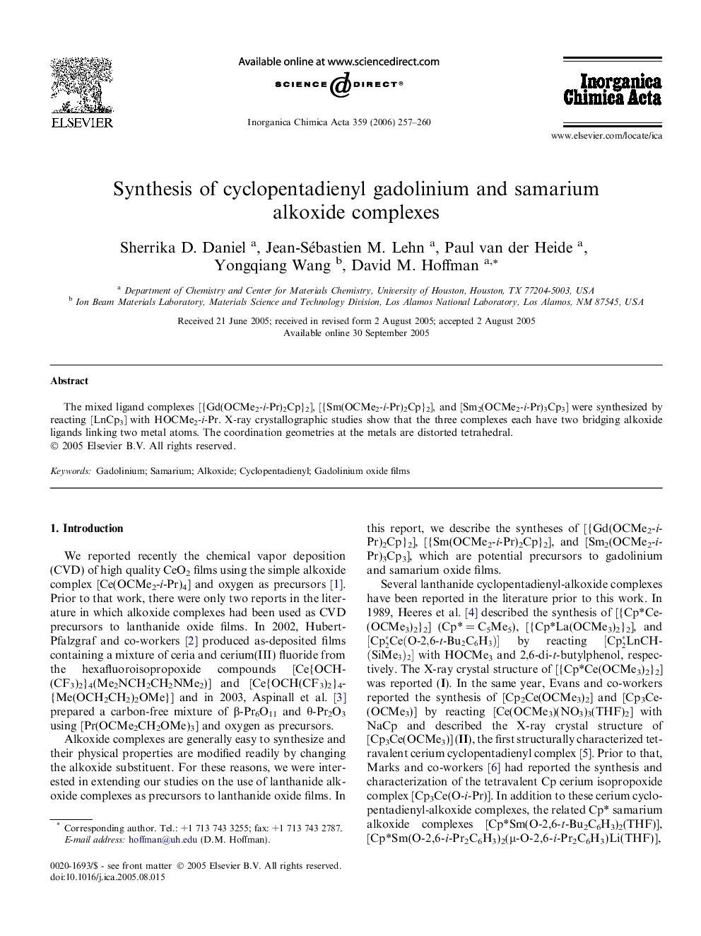 Synthesis of cyclopentadienyl gadolinium and samarium alkoxide complexes