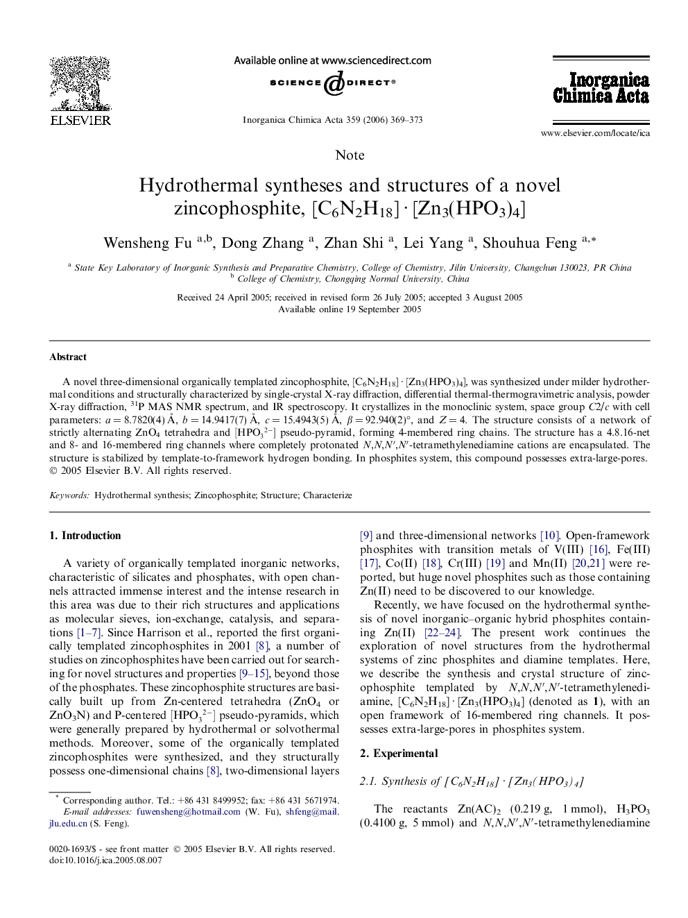 Hydrothermal syntheses and structures of a novel zincophosphite, [C6N2H18] · [Zn3(HPO3)4]