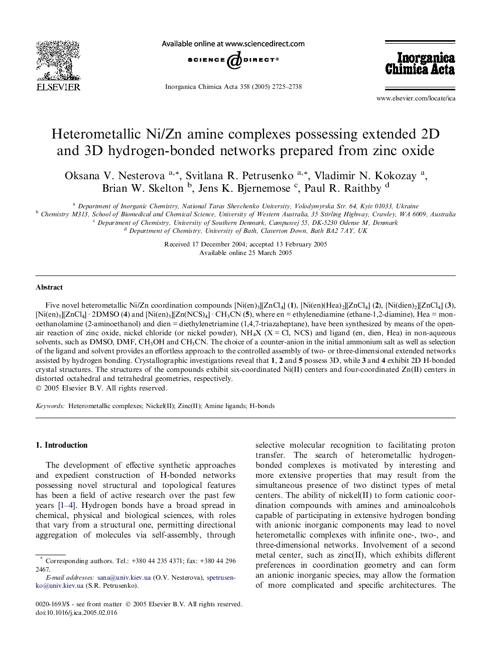 Heterometallic Ni/Zn amine complexes possessing extended 2D and 3D hydrogen-bonded networks prepared from zinc oxide