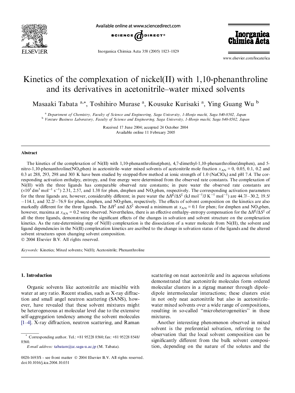 Kinetics of the complexation of nickel(II) with 1,10-phenanthroline and its derivatives in acetonitrile–water mixed solvents