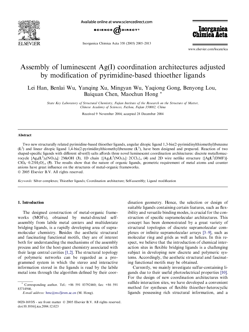 Assembly of luminescent Ag(I) coordination architectures adjusted by modification of pyrimidine-based thioether ligands