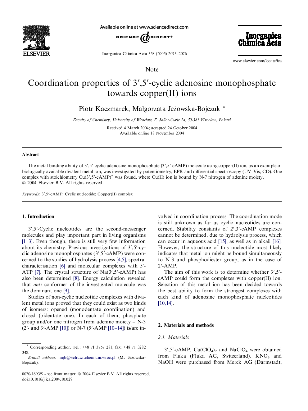 Coordination properties of 3â²,5â²-cyclic adenosine monophosphate towards copper(II) ions