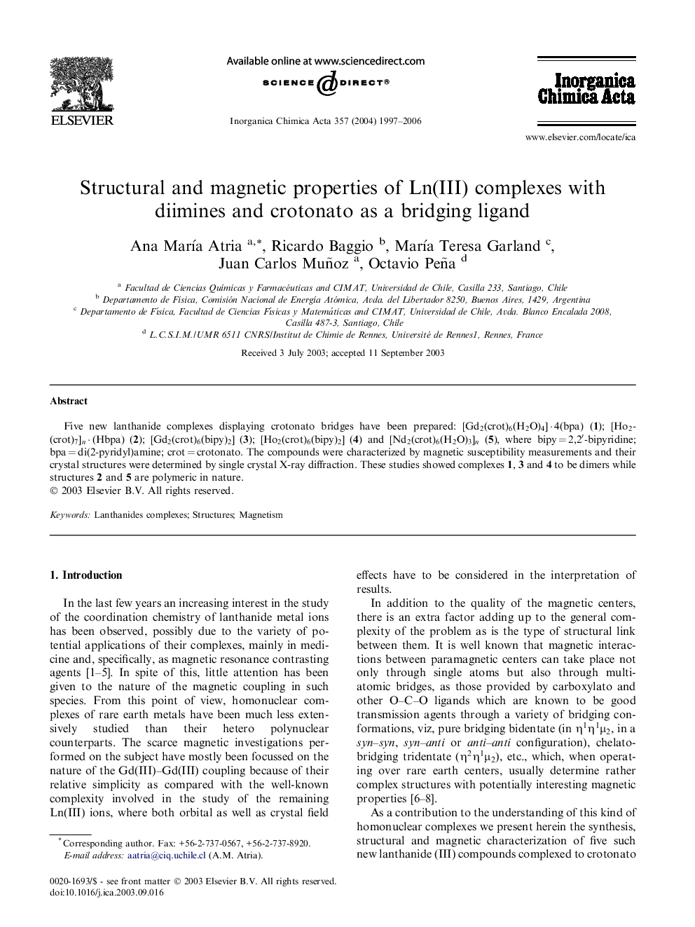 Structural and magnetic properties of Ln(III) complexes with diimines and crotonato as a bridging ligand