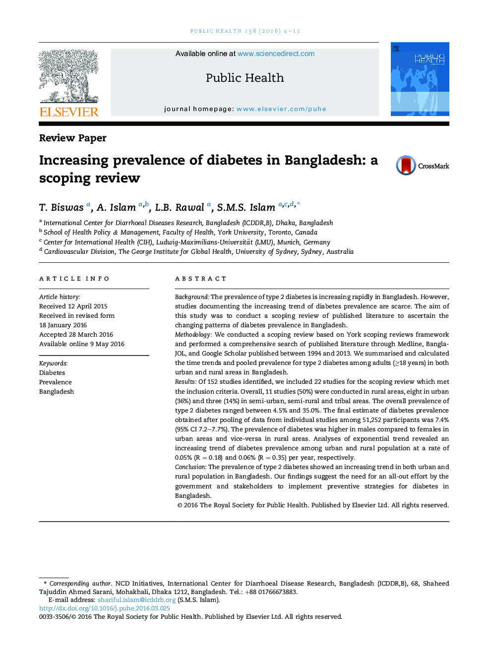 Increasing prevalence of diabetes in Bangladesh: a scoping review