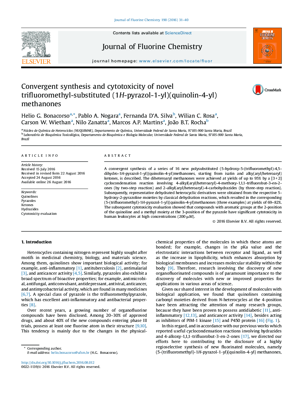 Convergent synthesis and cytotoxicity of novel trifluoromethyl-substituted (1H-pyrazol-1-yl)(quinolin-4-yl) methanones