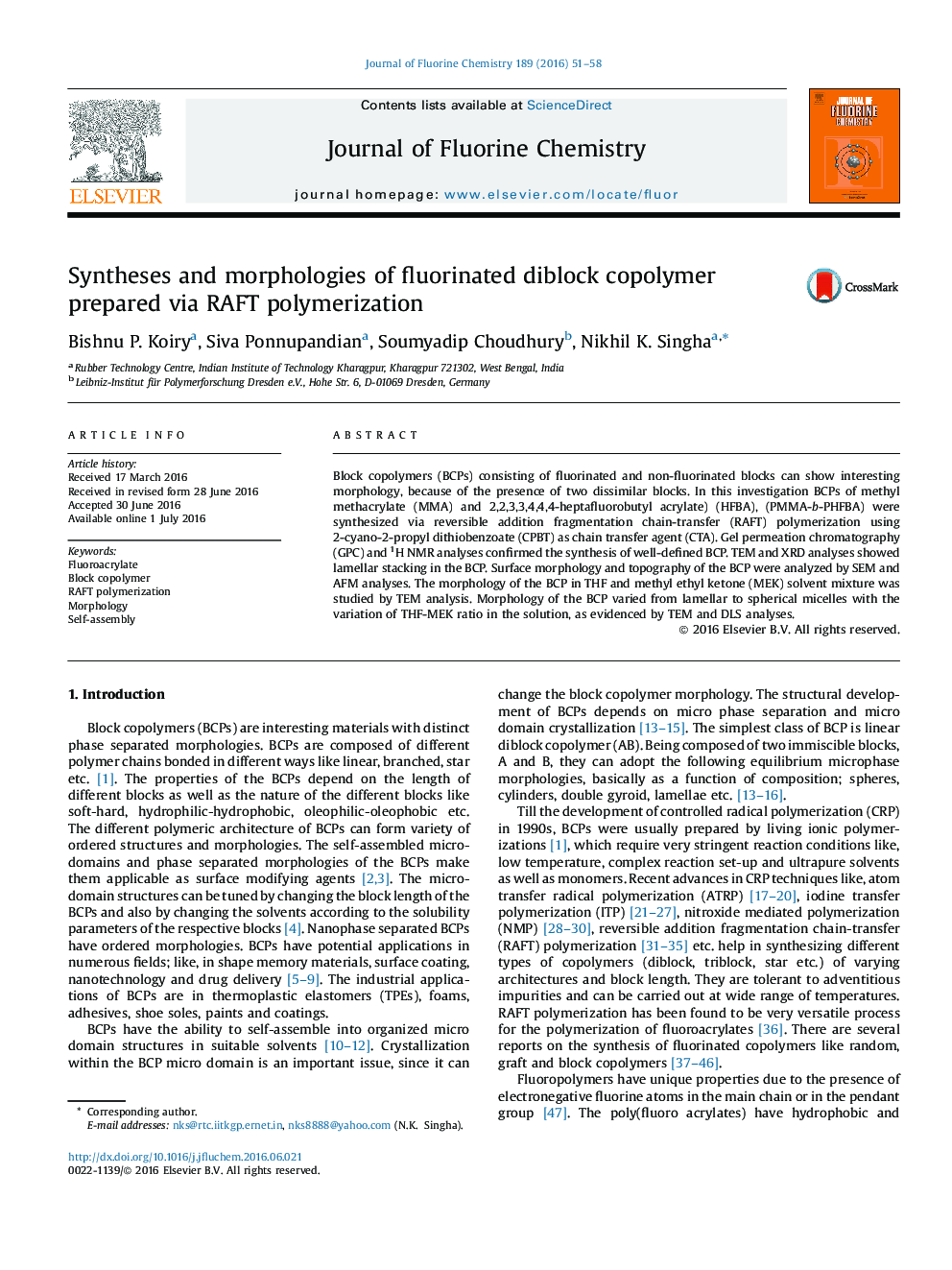 Syntheses and morphologies of fluorinated diblock copolymer prepared via RAFT polymerization