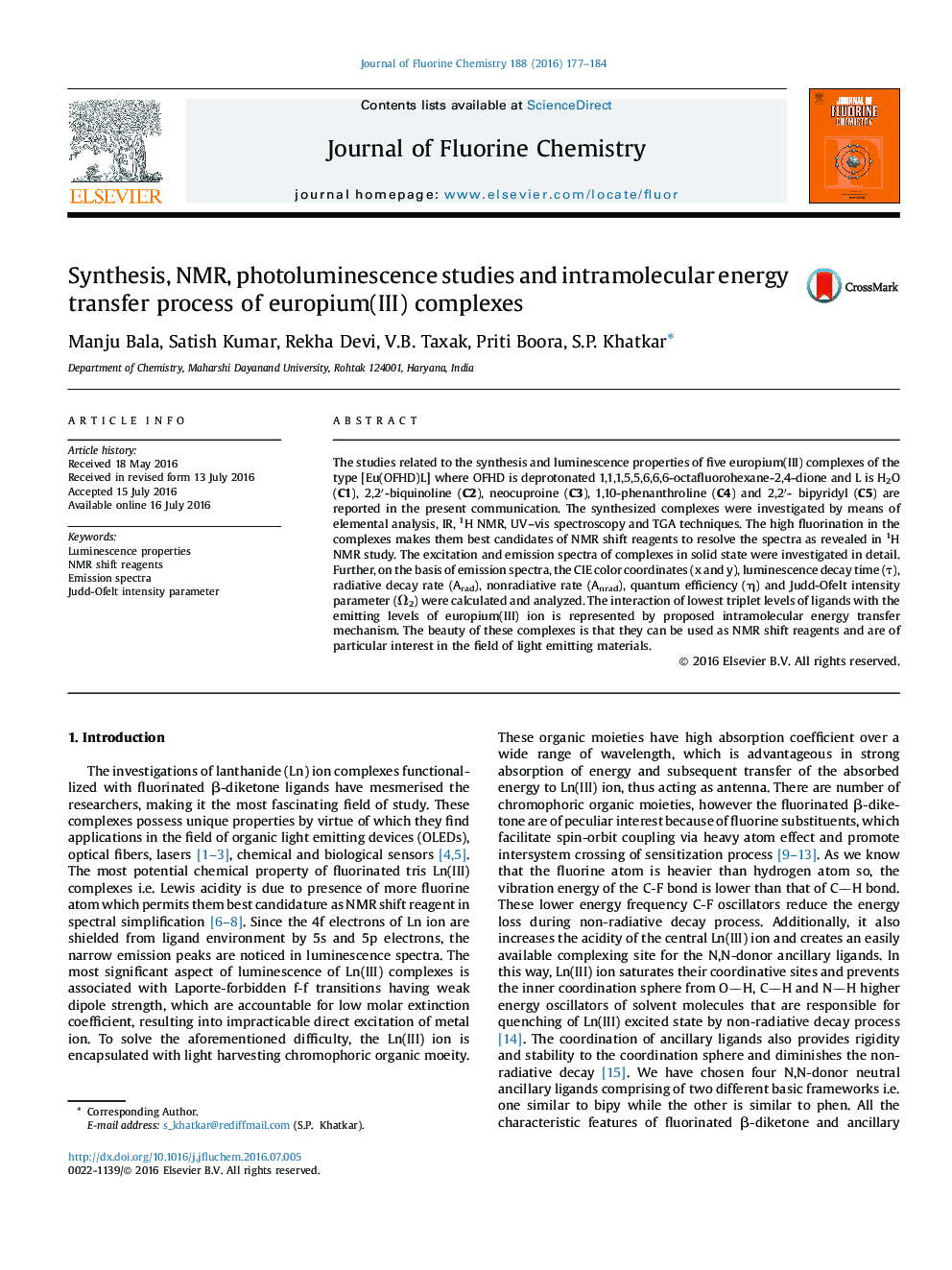 Synthesis, NMR, photoluminescence studies and intramolecular energy transfer process of europium(III) complexes