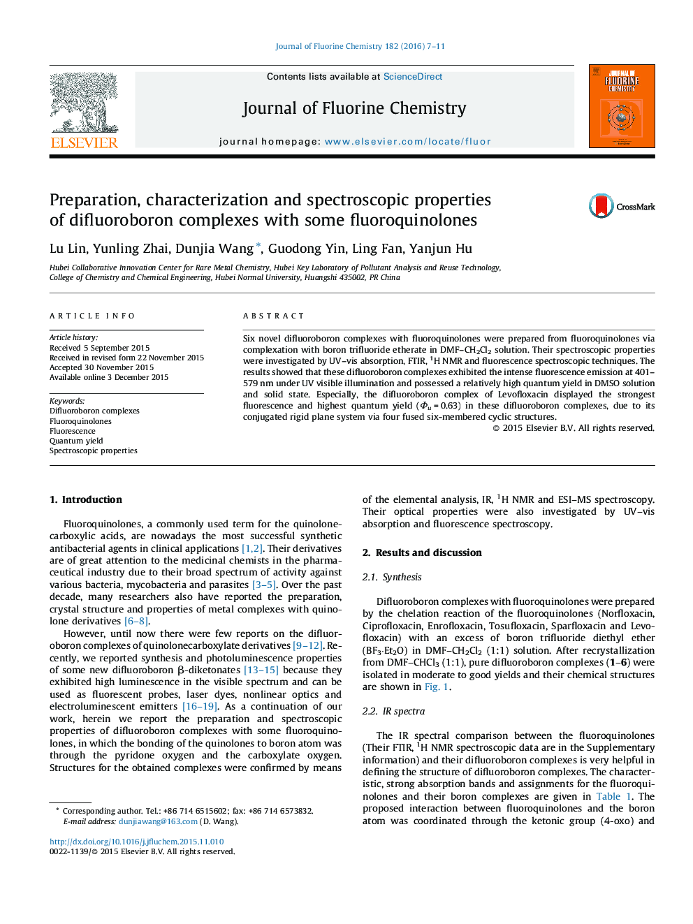 Preparation, characterization and spectroscopic properties of difluoroboron complexes with some fluoroquinolones