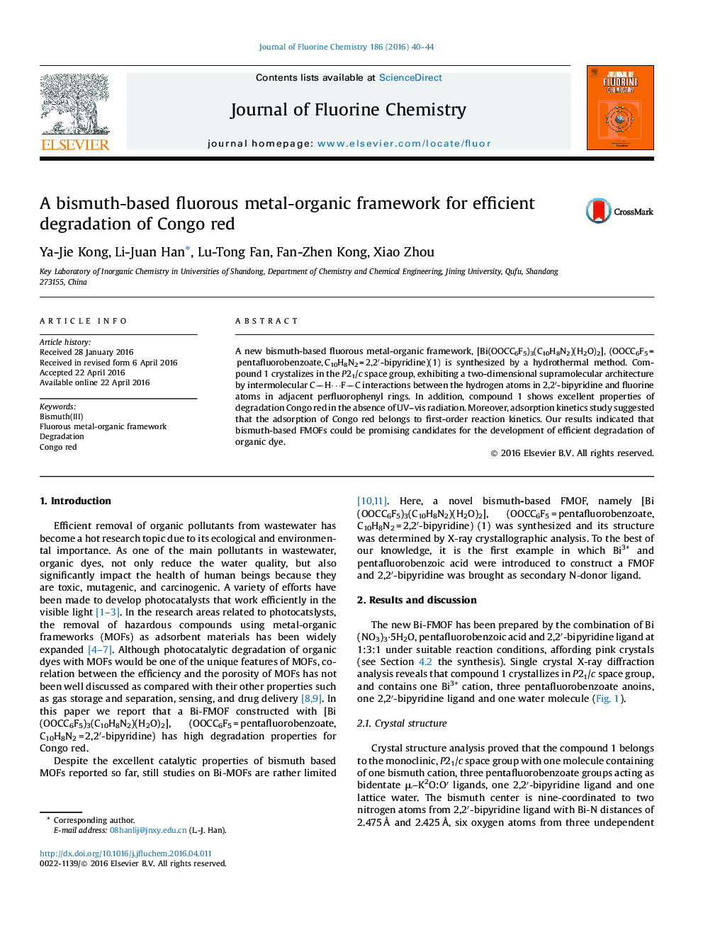 A bismuth-based fluorous metal-organic framework for efficient degradation of Congo red