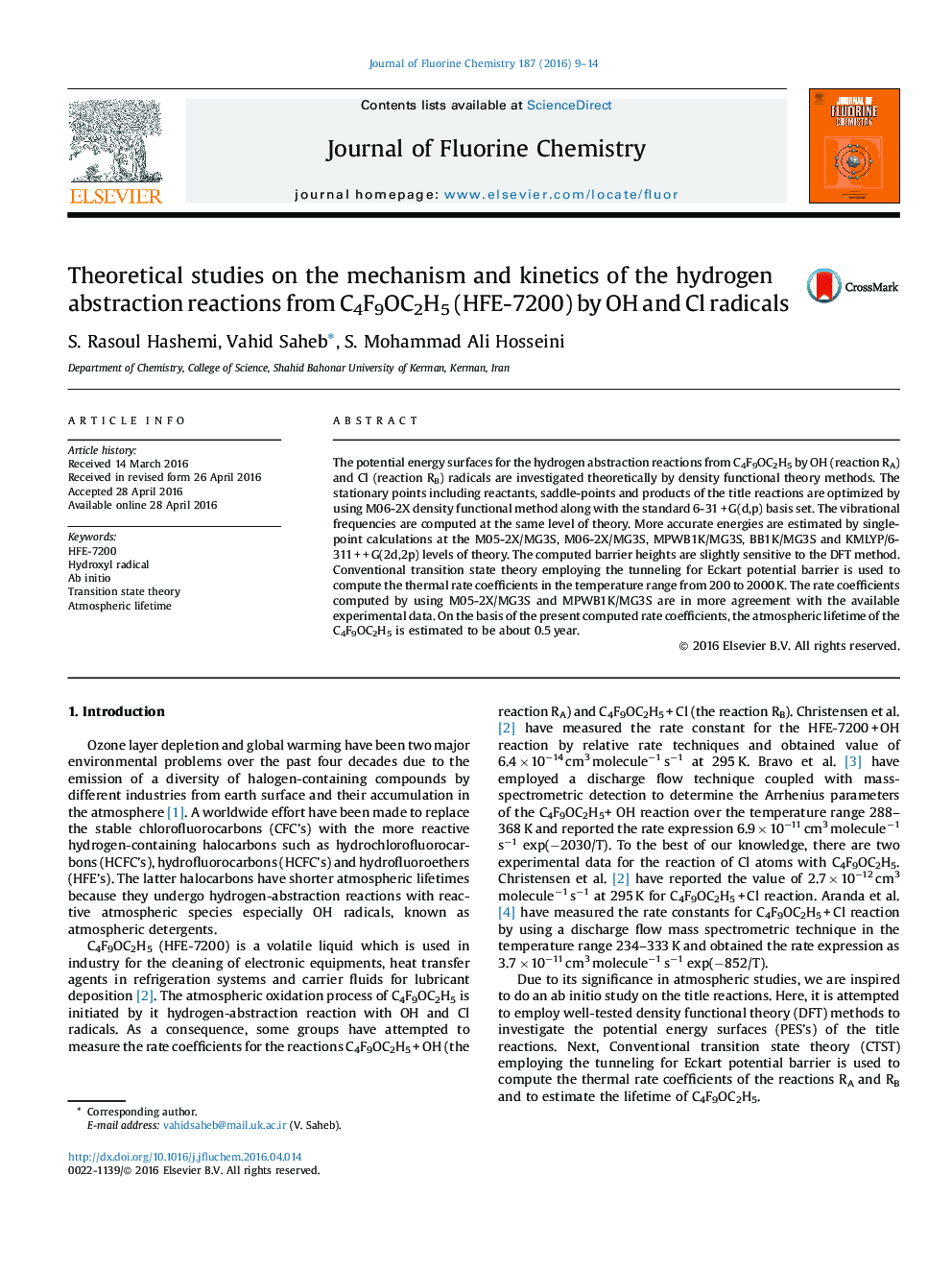 مطالعات نظری بر روی مکانیسم و سینتیک از واکنش های انتزاعی هیدروژن از C4F9OC2H5 (HFE-7200) توسط رادیکال های OH و کلر