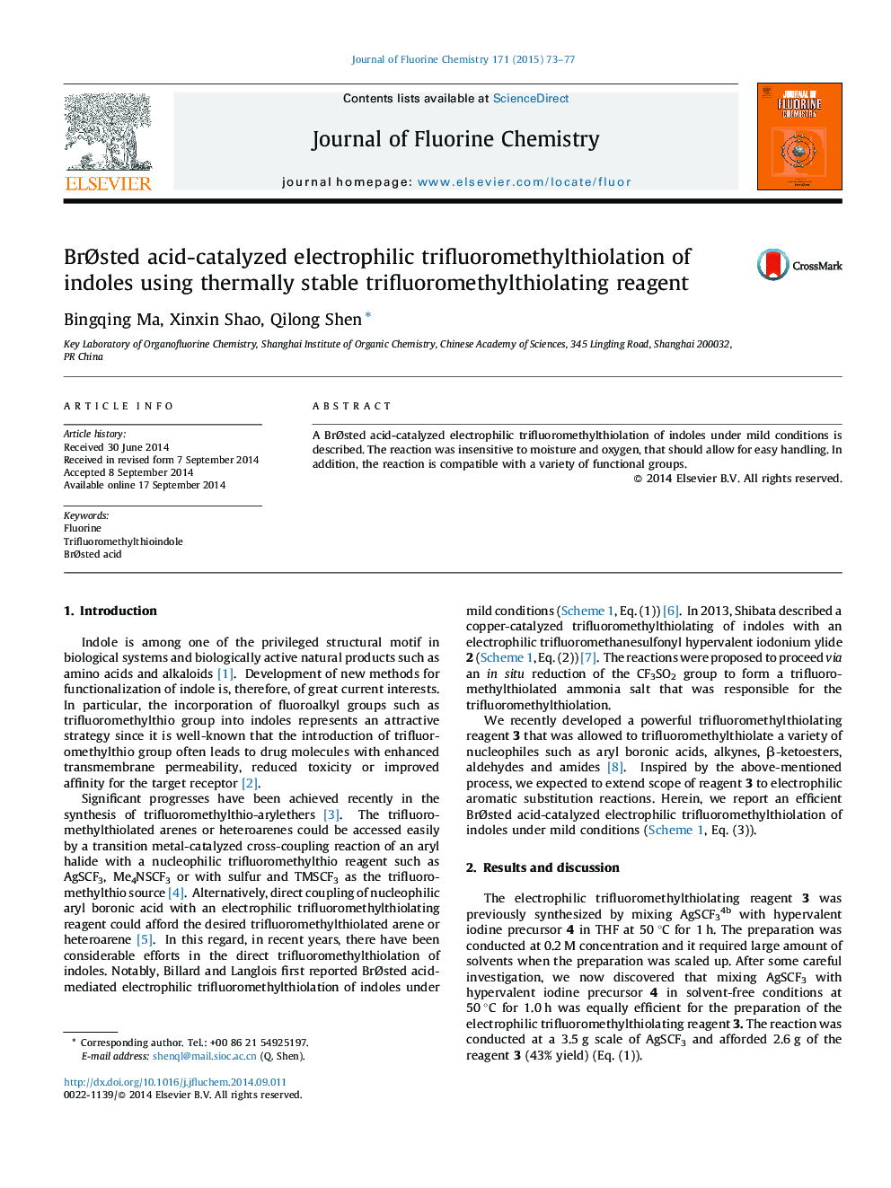 BrØsted acid-catalyzed electrophilic trifluoromethylthiolation of indoles using thermally stable trifluoromethylthiolating reagent