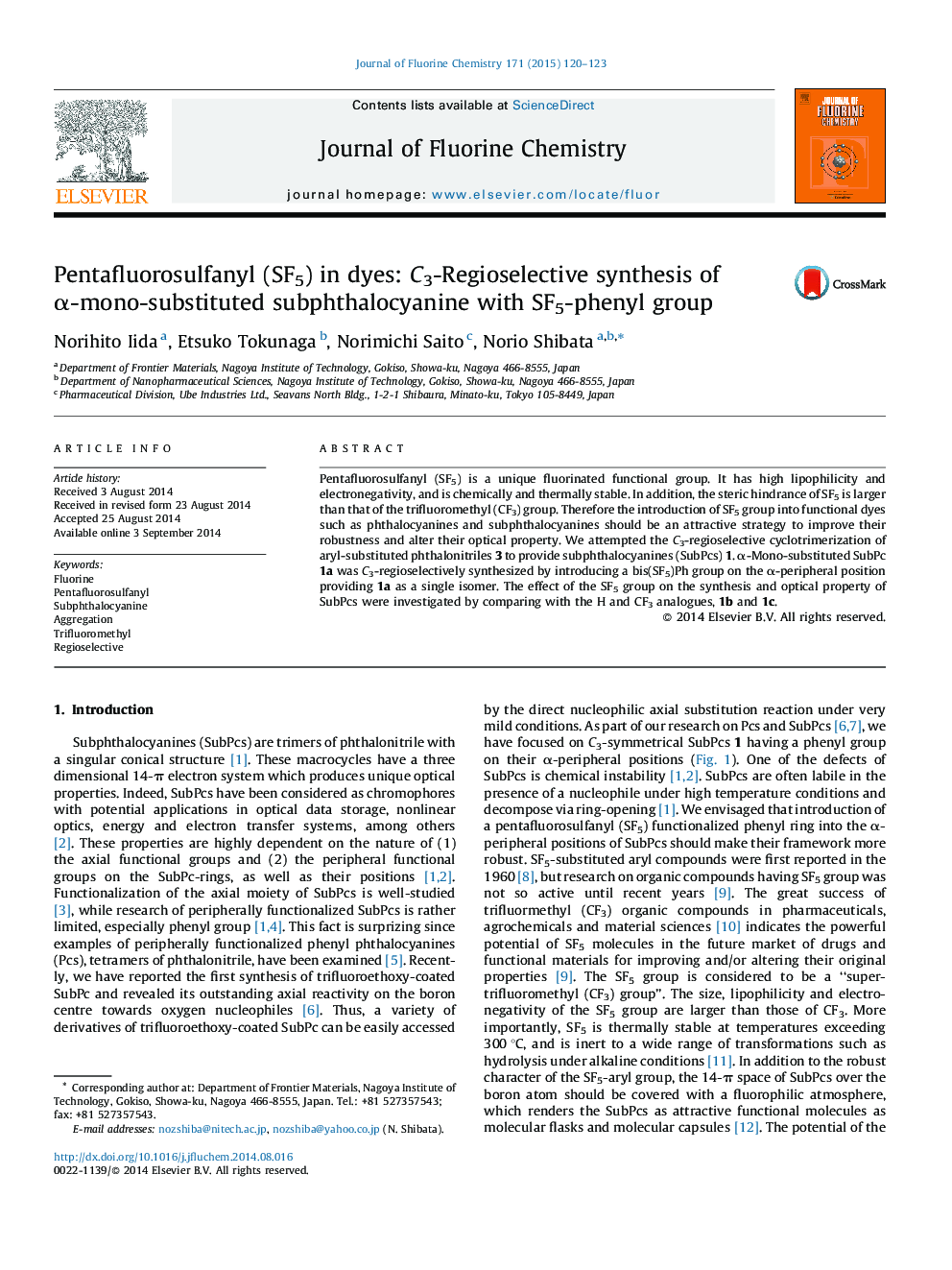 Pentafluorosulfanyl (SF5) in dyes: C3-Regioselective synthesis of α-mono-substituted subphthalocyanine with SF5-phenyl group