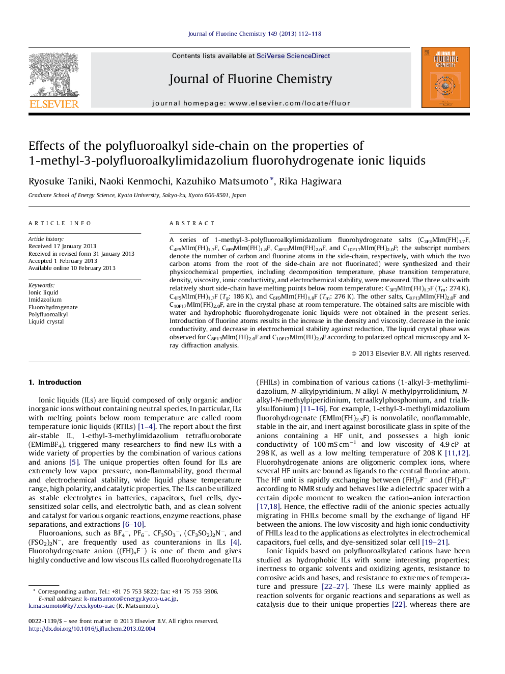 عکس صفحه اول مقاله: Effects of the polyfluoroalkyl side-chain on the properties of 1-methyl-3-polyfluoroalkylimidazolium fluorohydrogenate ionic liquids Effects of the polyfluoroalkyl side-chain on the properties of 1-methyl-3-polyfluoroalkylimidazolium fluorohydrogenate ionic liquids