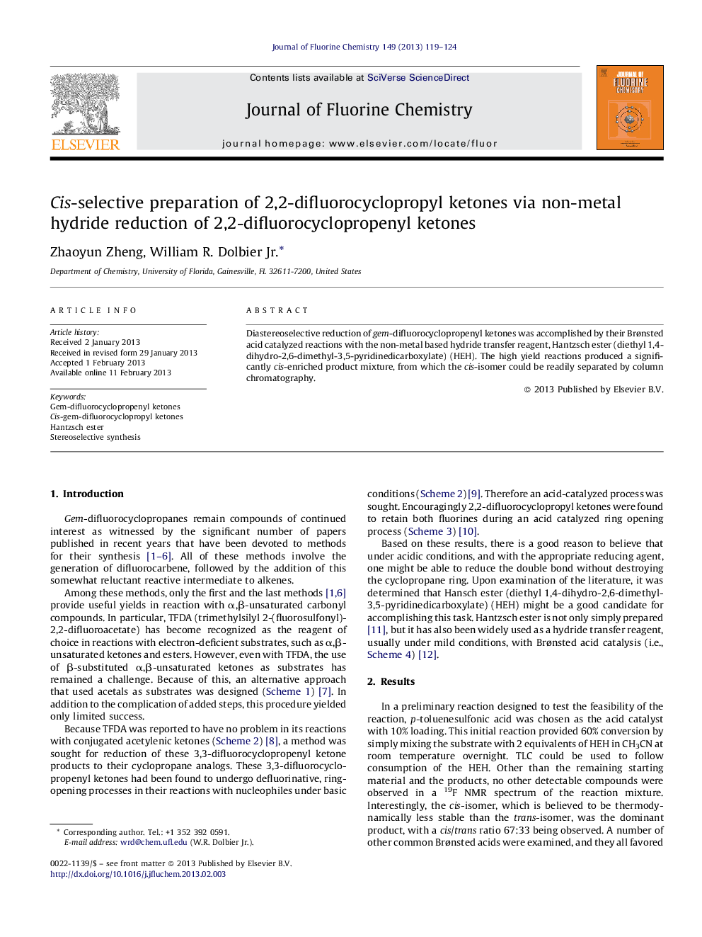 Cis-selective preparation of 2,2-difluorocyclopropyl ketones via non-metal hydride reduction of 2,2-difluorocyclopropenyl ketones