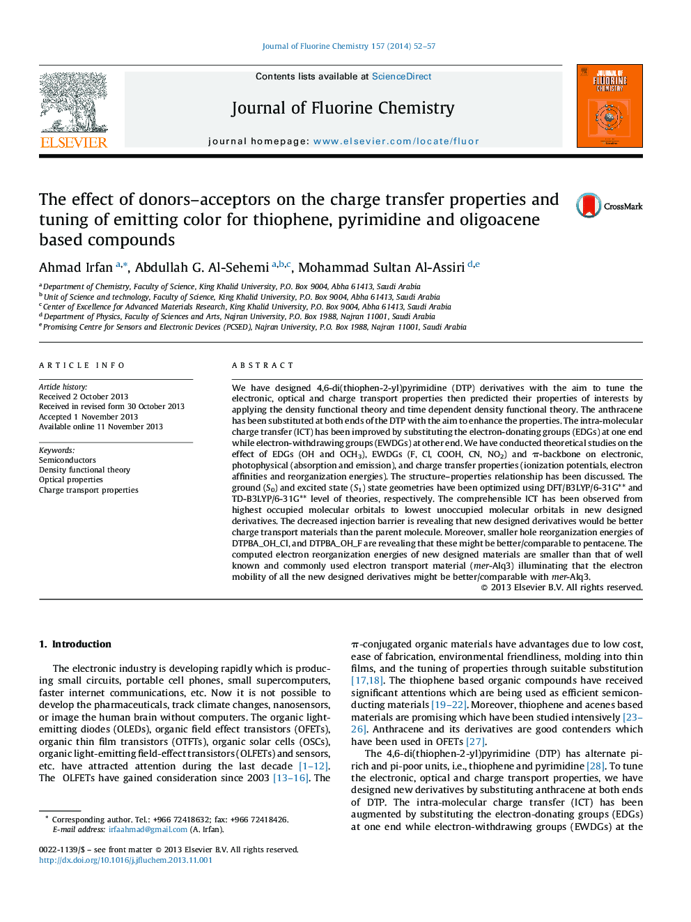 تأثیر پذیرنده های دونورزا بر خصوصیات انتقال شارژ و تنظیم رنگ انتشار برای ترکیبات تیوفن، پیریمیدین و الیگواسن 