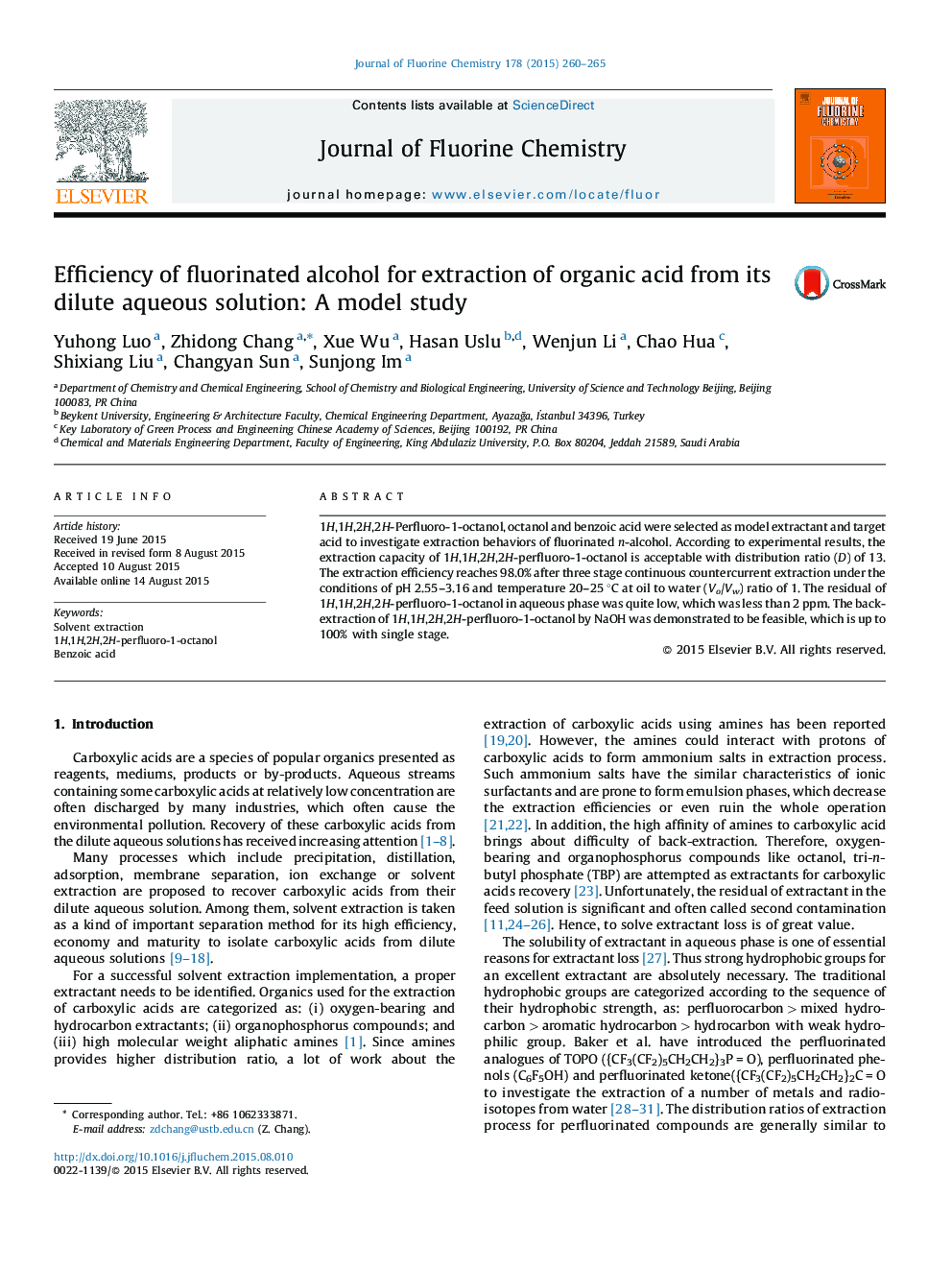 کارایی الکل فلوراید برای استخراج اسید آلی از محلول آبی رقیق شده: یک مطالعه مدل 