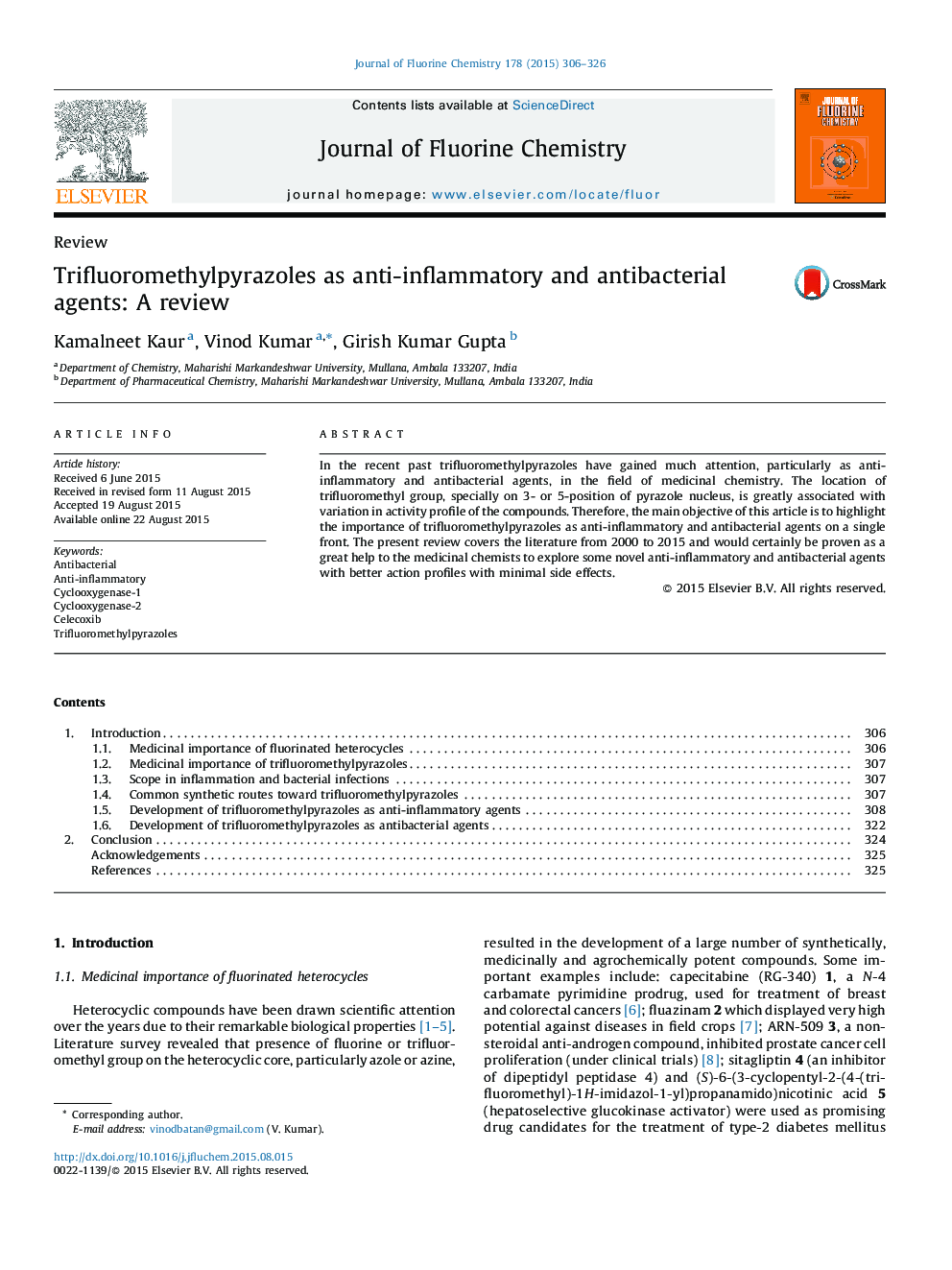 Trifluoromethylpyrazoles as anti-inflammatory and antibacterial agents: A review