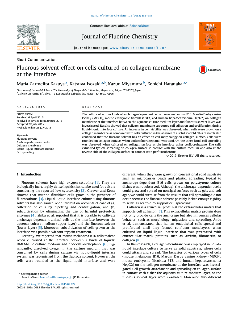 Fluorous solvent effect on cells cultured on collagen membrane at the interface