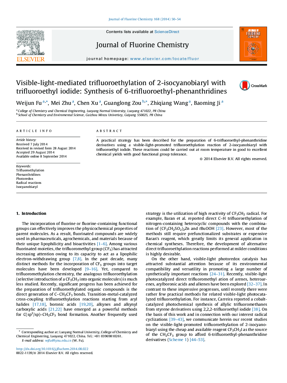 Visible-light-mediated trifluoroethylation of 2-isocyanobiaryl with trifluoroethyl iodide: Synthesis of 6-trifluoroethyl-phenanthridines