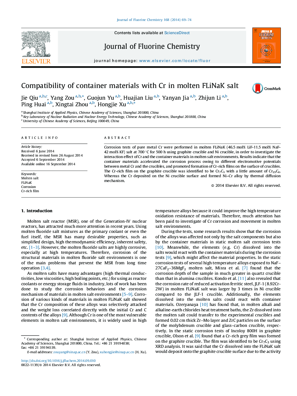 Compatibility of container materials with Cr in molten FLiNaK salt