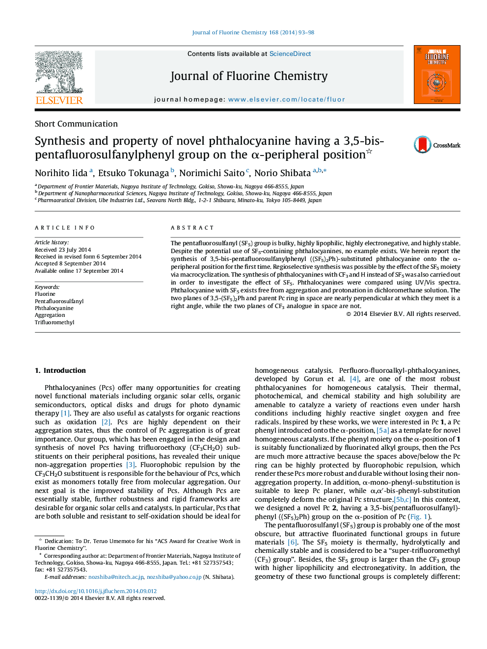 Synthesis and property of novel phthalocyanine having a 3,5-bis-pentafluorosulfanylphenyl group on the α-peripheral position 