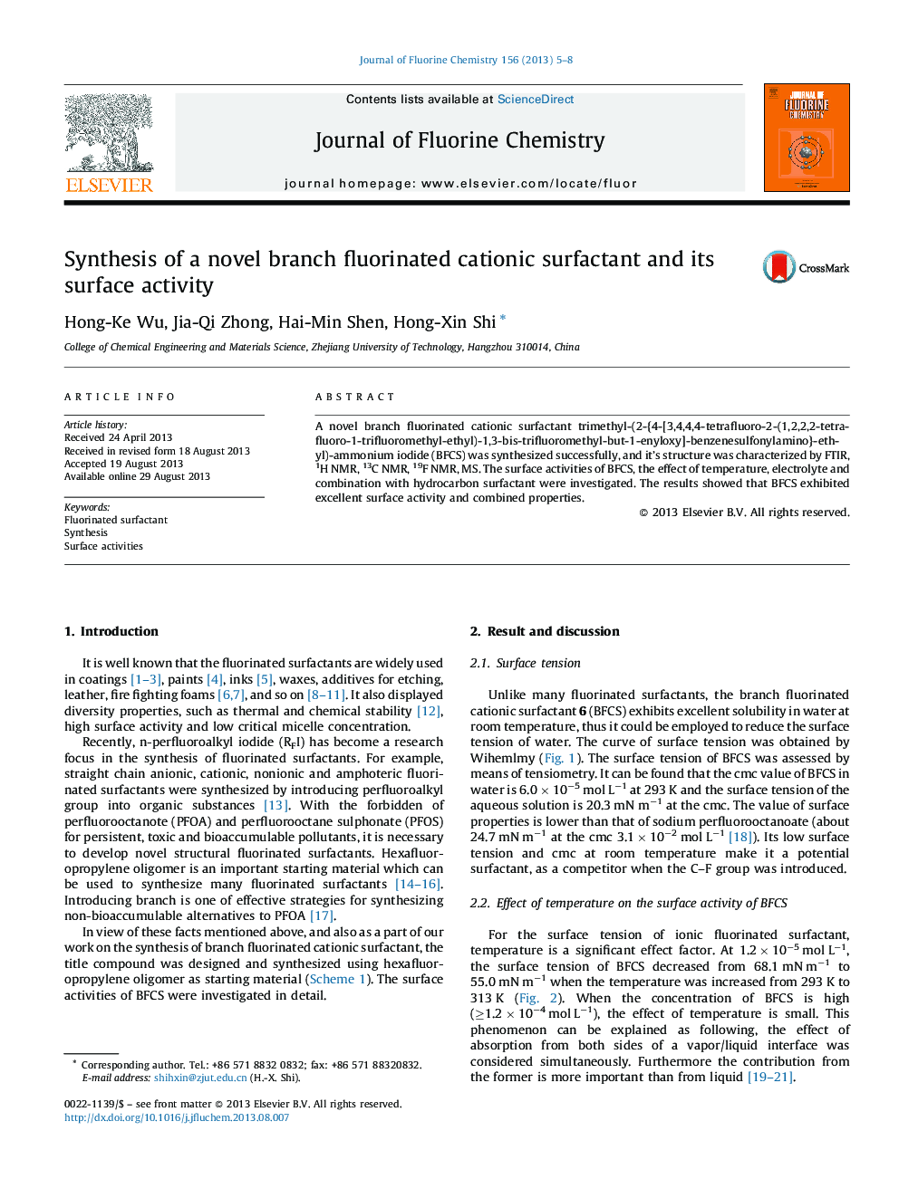 Synthesis of a novel branch fluorinated cationic surfactant and its surface activity