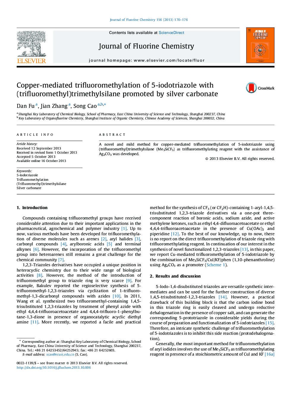 Copper-mediated trifluoromethylation of 5-iodotriazole with (trifluoromethyl)trimethylsilane promoted by silver carbonate