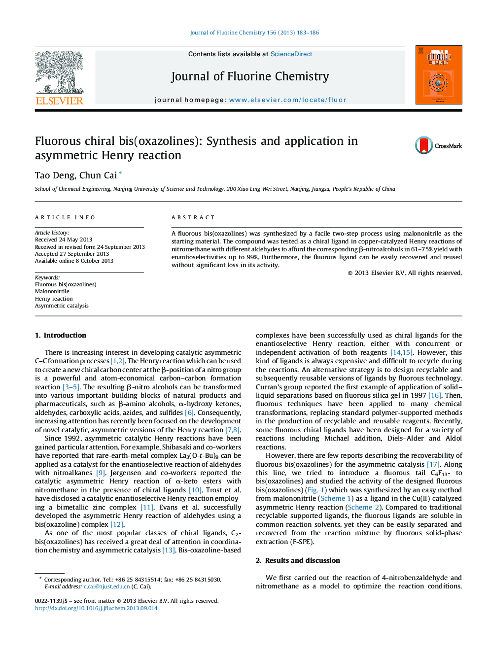 Fluorous chiral bis(oxazolines): Synthesis and application in asymmetric Henry reaction