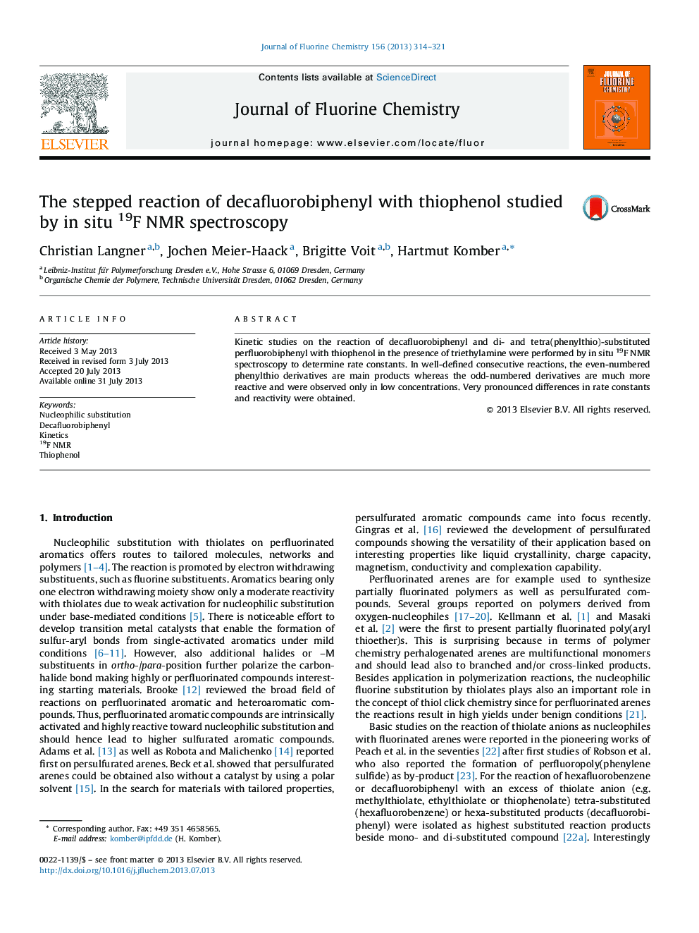 The stepped reaction of decafluorobiphenyl with thiophenol studied by in situ 19F NMR spectroscopy