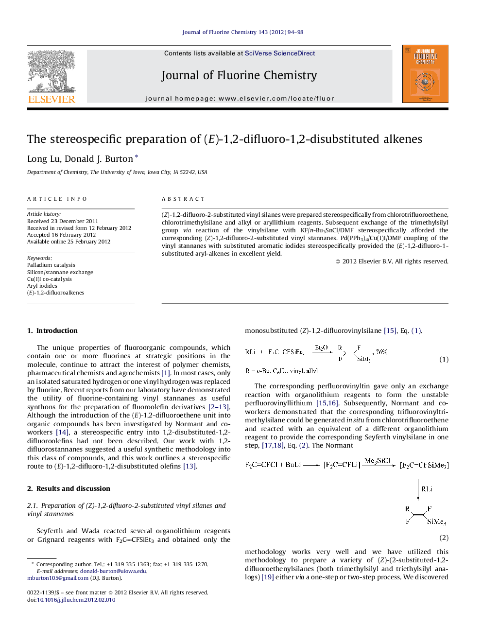 The stereospecific preparation of (E)-1,2-difluoro-1,2-disubstituted alkenes