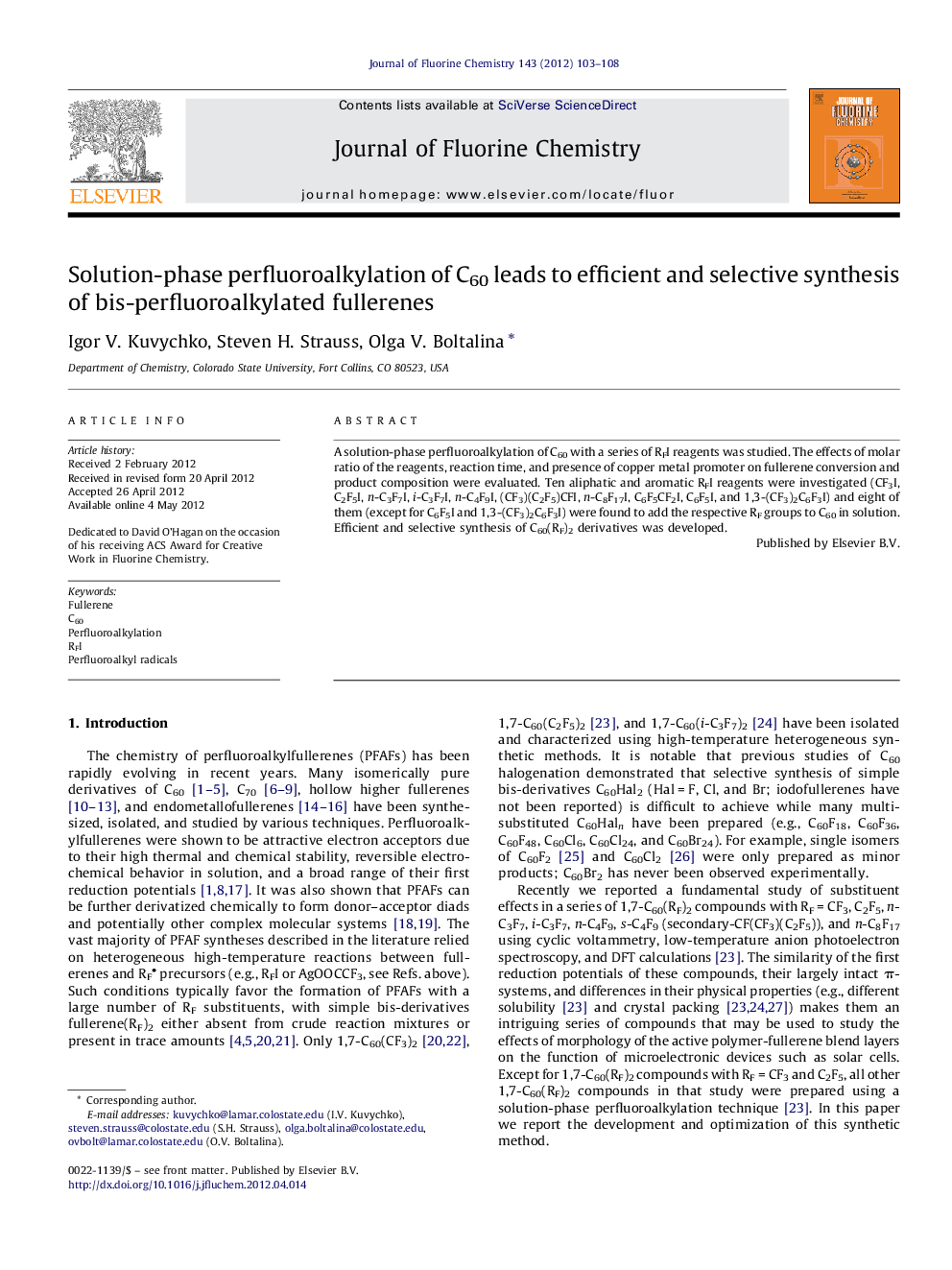 Solution-phase perfluoroalkylation of C60 leads to efficient and selective synthesis of bis-perfluoroalkylated fullerenes