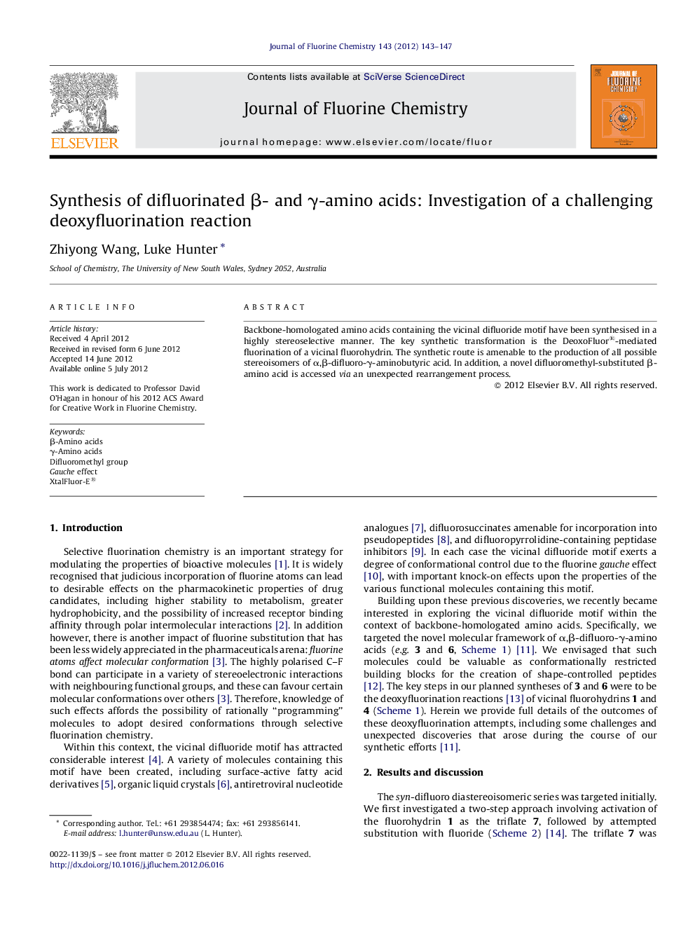 Synthesis of difluorinated β- and γ-amino acids: Investigation of a challenging deoxyfluorination reaction