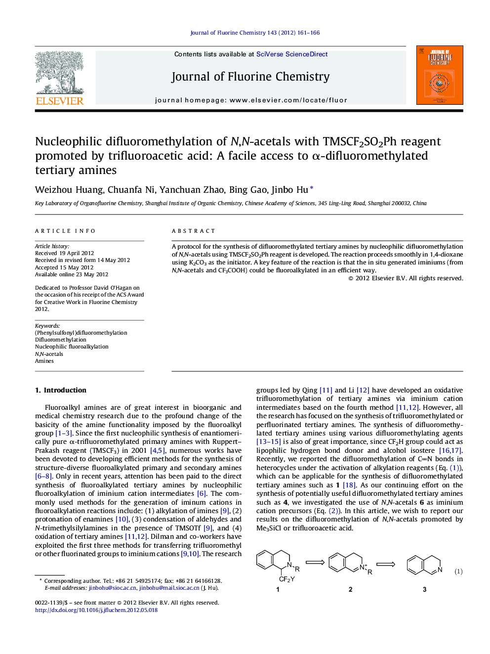 Nucleophilic difluoromethylation of N,N-acetals with TMSCF2SO2Ph reagent promoted by trifluoroacetic acid: A facile access to α-difluoromethylated tertiary amines